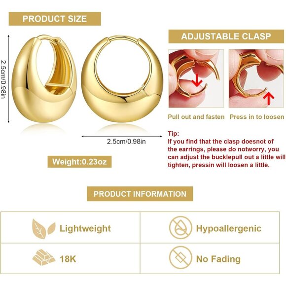 ⚡18K Gold Chunky Hoop Earrings Lightweight Hypoallergenic No Fade Jewelry Women - Picture 5 of 7